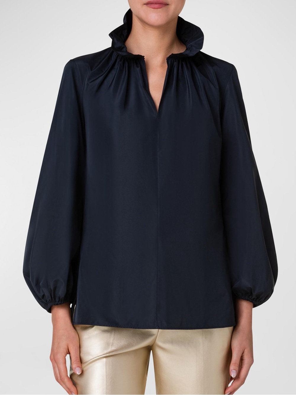 Akris Punto Ruffle Collar Balloon Sleeve Taffeta Blouse ❤️❤️